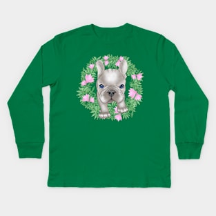 French Bulldog Puppy with flower wreath Kids Long Sleeve T-Shirt